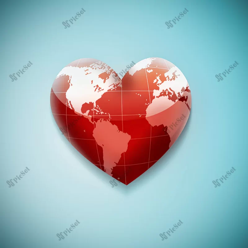 red heart with world map blue background / قلب قرمز با نقشه جهانی پس زمینه آبی