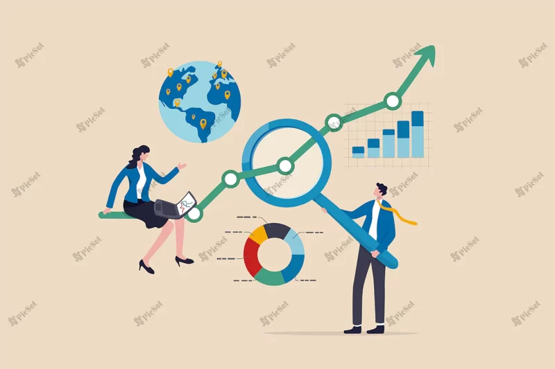 research development analyze data insight information improve optimization market research increase growth concept business people researching with magnifying glass computer / توسعه تحقیق تجزیه و تحلیل داده ها اطلاعات با ذره بین بهینه سازی تحقیقات بازار افزایش و رشد سود سهام مفهوم رشد تجاری