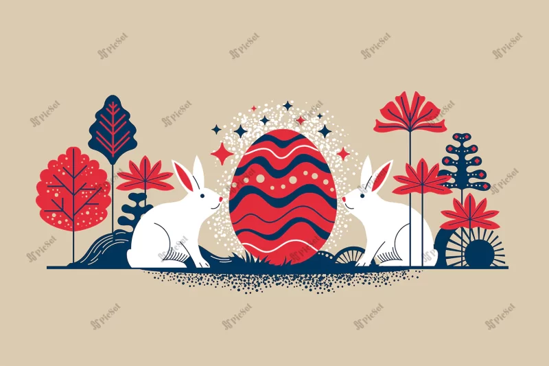retro style illustration happy nowruz easter greeting card with flowers eggs rabbit elements / پوستر کارت تبریک عید نوروز با گل خرگوش تخم مرغ