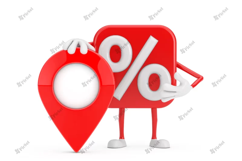sale discount percent sign person character mascot with red map pointer target pin white background 3d rendering / فروش با درصد تخفیف علامت پین نقشه سه بعدی قرمز پین هدف لوکیشن