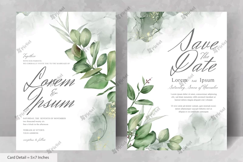set elegant watercolor wedding invitation card template with greenery florals / ست قالب کارت دعوت عروسی آبرنگی زیبا با گل های سبز