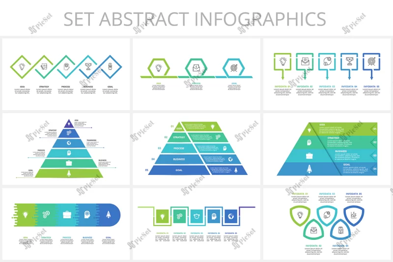 set timeline with 6 5 4 3 elements infographic template web business presentations vector illustration / تنظیم جدول اینفوگرافیک نمودارهای مختلف مدرن