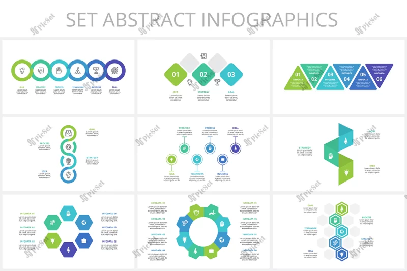 set timeline with 8 6 5 4 3 elements infographic template web business presentations vector illustration / تنظیم جدول اینفوگرافیک نمودارهای مختلف مدرن