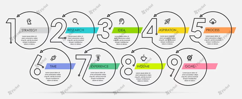 thin line minimal infographic design template with icons 9 options steps / طراحی مینیمال اینفوگرافیک خط نازک