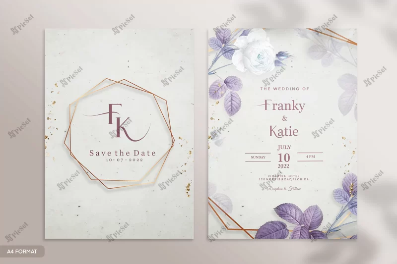 vintage wedding invitation template with purple flower / قالب کارت دعوت عروسی با گل بنفش