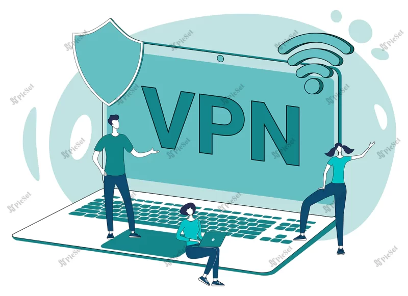 vpn service people laptop shield with vpn symbol / مردم با لپ تاپ با نماد سرویس فیلترشکن