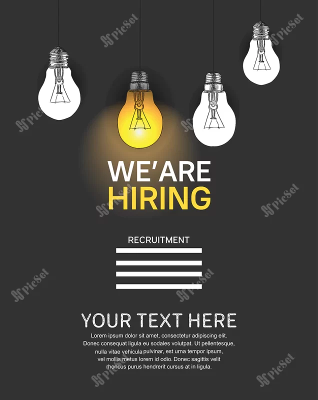 we are hiring concept poster with light bulb illustration / پوستر ما در حال استخدام هستیم با تصویر لامپ روشن و خاموش مفهوم فرصت شغلی