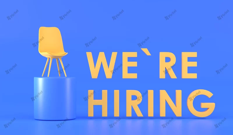 we are hiring banner with empty office chair standing high podium realistic poster about job vacancy hire staff vacant seat concept search recruiting employees head hunting 3d render / ما در حال استخدام هستیم بنر با صندلی اداری خالی بر روی تریبون مفهوم جستجوی استخدام کارمندان سه بعدی
