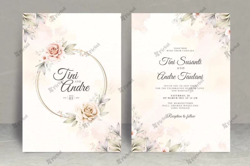 wedding invitation card set template with flowers leaves watercolor / قالب مجموعه کارت دعوت عروسی با آبرنگ گل رز