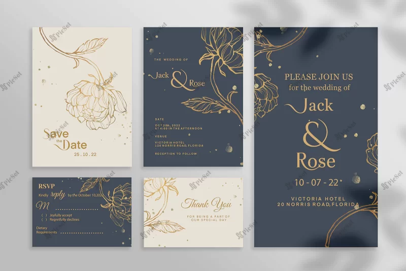 wedding invitation pack with gold flower navy background / ست کارت دعوت عروسی با گل های طلایی