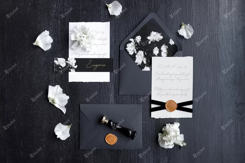 wedding invitation trendy black background with flower petals set dark wedding printing / پس زمینه مشکی کارت دعوت عروسی با گلبرگ های گل ست چاپ عروسی تیره