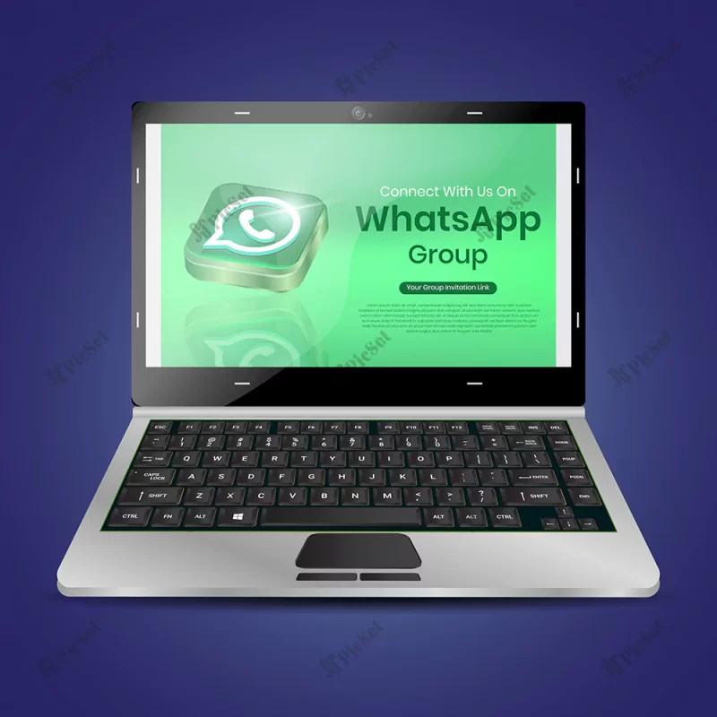 white laptop computer keyboard with dark black keys whatsapp icon vector illustration / صفحه کلید لپ تاپ با صفحه نمایش آیکون واتساپ