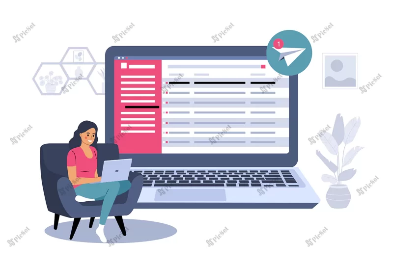 woman home chair reading email her laptop vector illustration / وکتور زن روی صندلی در خانه با لپ تاپ در حال خواندن ایمیل مفهوم فریلنسری