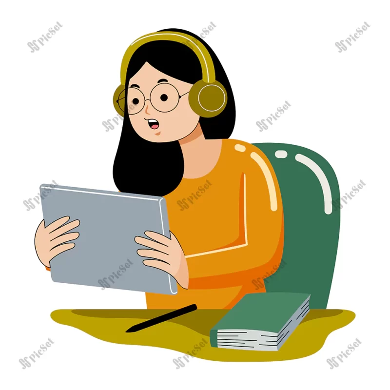 woman working with graphic tablet flat design style / زنی با هدفون و تبلت در حال مطالعه و آموزش آنلاین