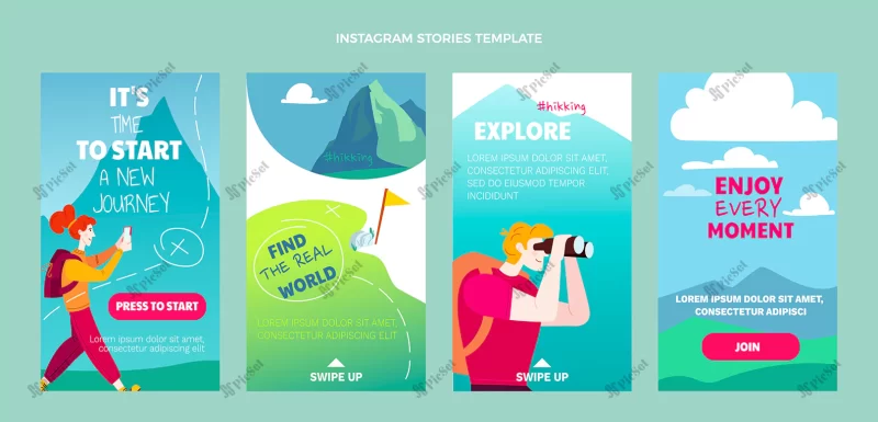 hand drawn flat design trekking instagram stories / استوری های اینستاگرامی پیاده روی سفر ورزش