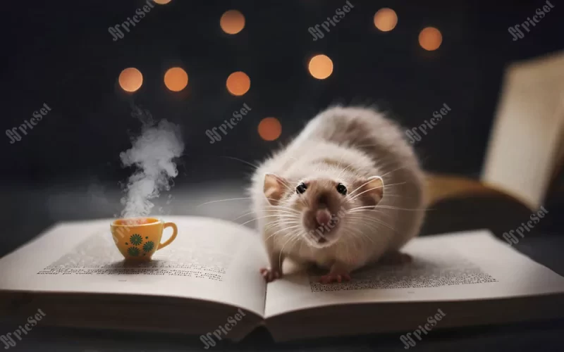 Decorative rat, pets, book, coffee / موش تزئینی، حیوانات خانگی، کتاب، قهوه