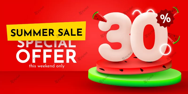 percent off discount creative composition summer sale banner with watermelon sale banner poster / بنر فروش تابستانی ترکیب خلاقانه با تخفیف 30 درصدی با پوستر بنر فروش و تخفیف شب یلدا با طرح هندوانه