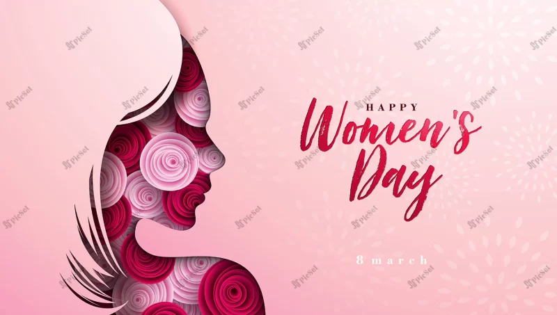 8 march international womens day vector design with rose flower young woman face silhouette / طرح 8 مارس روز جهانی زن با صورت زن جوان گل رز کارت تبریک روز مادر