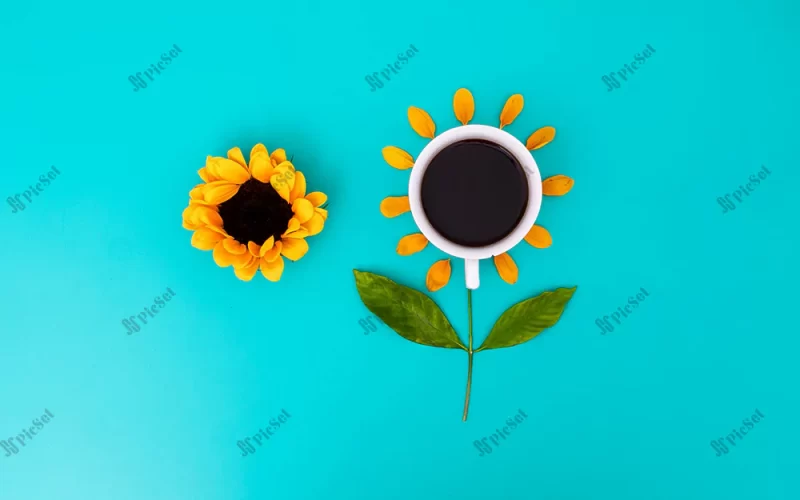 Good Morning, creative sunflowers, minimal, coffee concept, floral art, cup with coffee / صبح بخیر، آفتابگردان خلاق، مینیمال، مفهوم قهوه، هنر گل، فنجان با قهوه