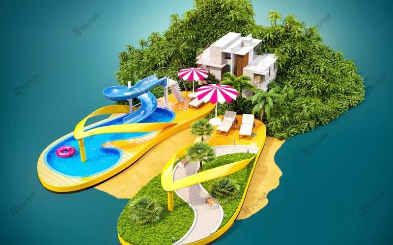 Summer vacation, hotel, 3d concept, summer travel, swimming pool, tropical island, creative / تعطیلات تابستانی، هتل، مفهوم سه بعدی، سفر تابستانی، استخر شنا، جزیره گرمسیری، خلاق