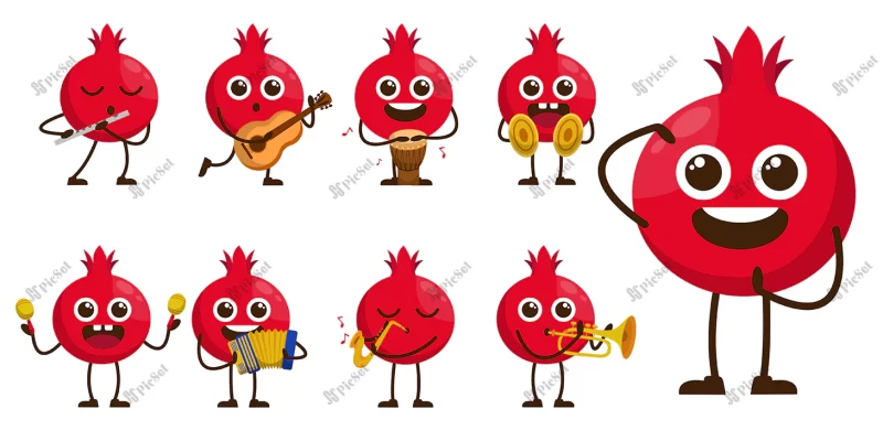 bundle set musician cartoon mascot character cute fruit difference activity equipment flat design illustration / مجموعه نوازنده کارتونی شخصیت میوه انار 