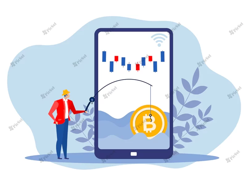 businessman fishing bitcoin laptop strategy finance concept vector illustration flat cartoon / تاجر ماهیگیری بیت کوین مفهوم استراتژی مالی