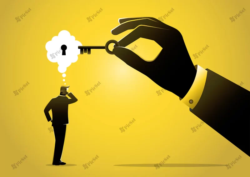 businessman holding key unlocking another man mind thought bubble with keyhole / روانشناسی که کلید در دست دارد و حباب فکری مرد دیگری را با کلید باز می کند