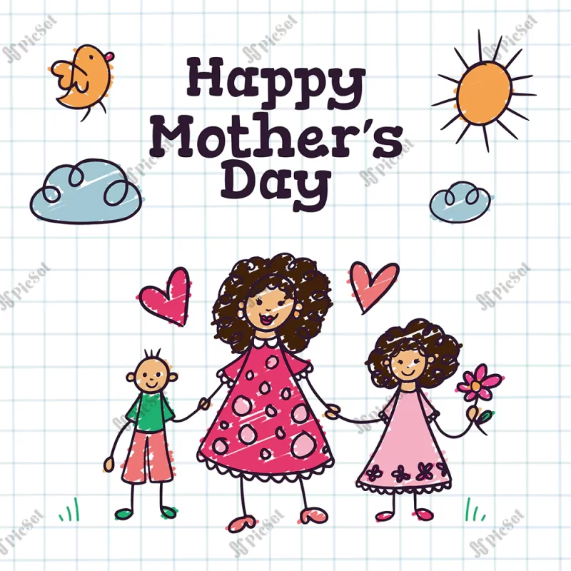 hand drawn mothers day children drawings illustration / پوستر با دست کشیده شده روز مادر تصویر نقاشی روز زن مبارک