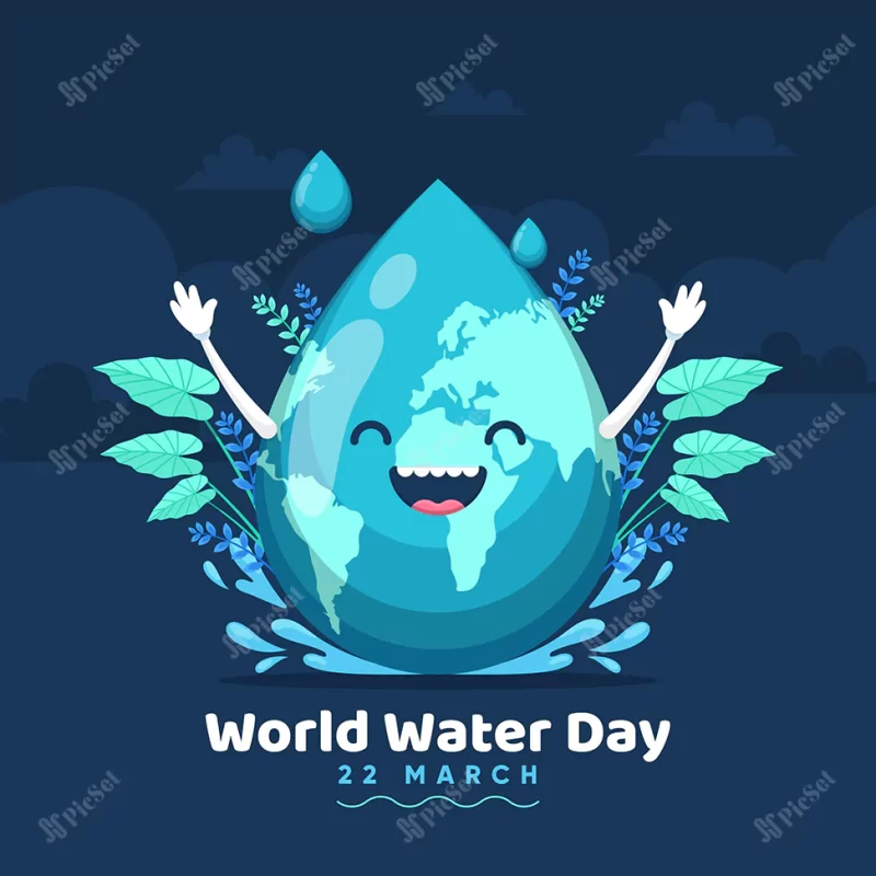 hand drawn world water day illustration with planet water drop / تصویر کره زمین روز جهانی آب سرسبزی زمین قطره آب شاد با دست