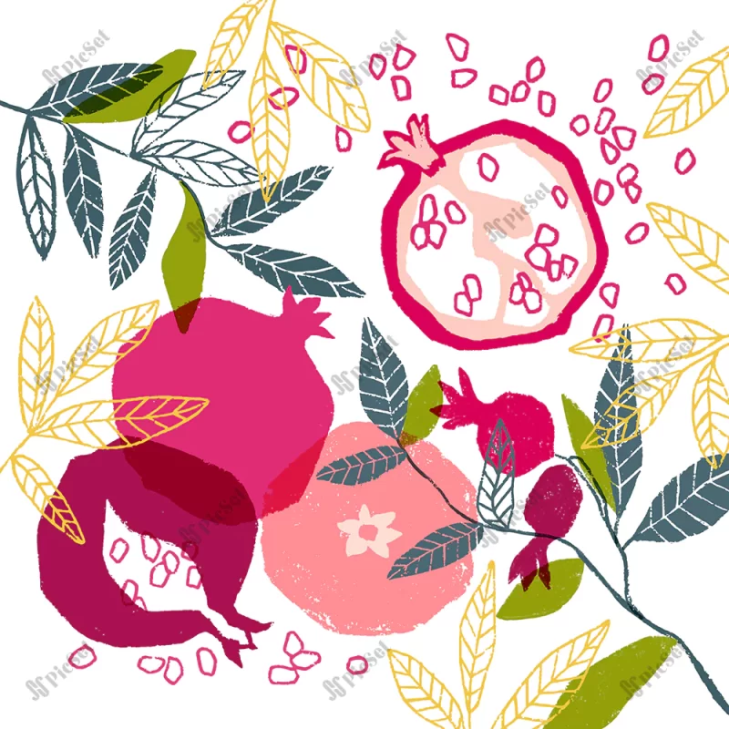 hand painted vector floral poster with pomegranate / وکتور پوستر انار گلدار نقاشی شده با دست 