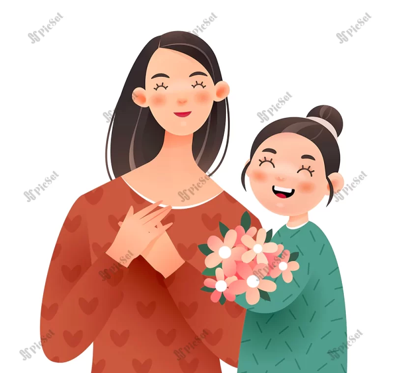 happy mother daughter girl gives his mother bouquet flowers / دختر شاد به مادرش گل می دهد روز زن روز مادر