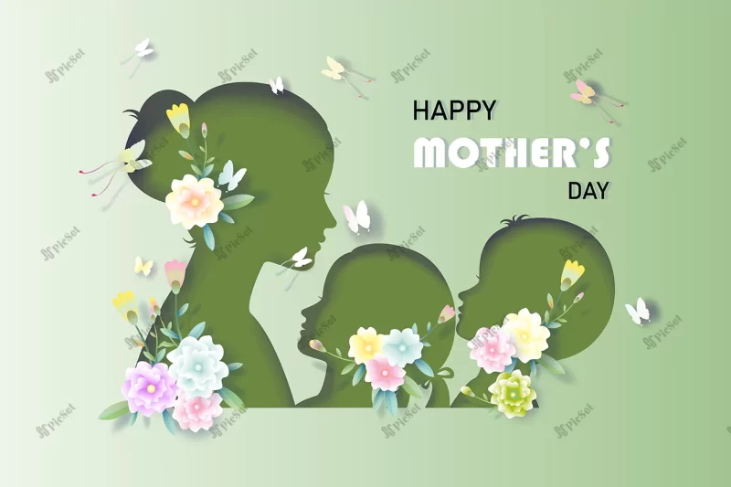 happy mother s day paper cut paper art style mother with children butterfly flowers anniversary celebration mothers day vector illustration template design green background / روز مادر مبارک پوستر مادر با فرزندان گل های پروانه ای جشن سالگرد جشن روز زن پس زمینه سبز