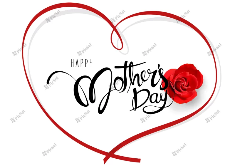 happy mothers day greeting card with calligraphic text red rose heart formed from ribbon / کارت تبریک روز مادر با متن خوشنویسی قلب گل رز قرمز و روبان پوستر روز زن