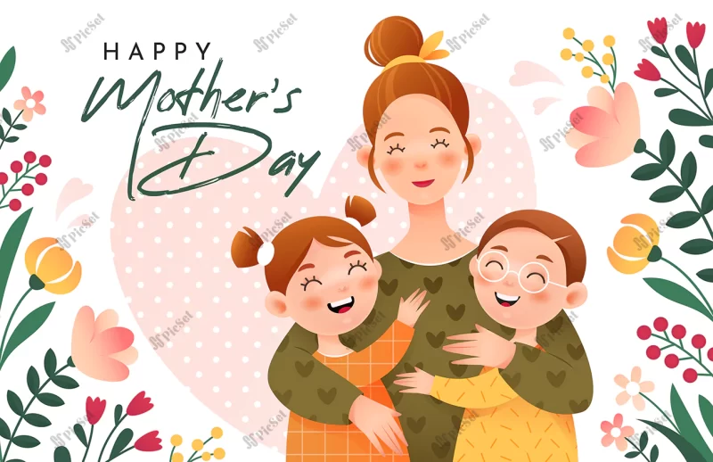 happy mothers day smiling mom hugs her children mom daughter son / روز مادر مبارک مامان خندان بچه هایش را در آغوش می گیرد پوستر روز زن