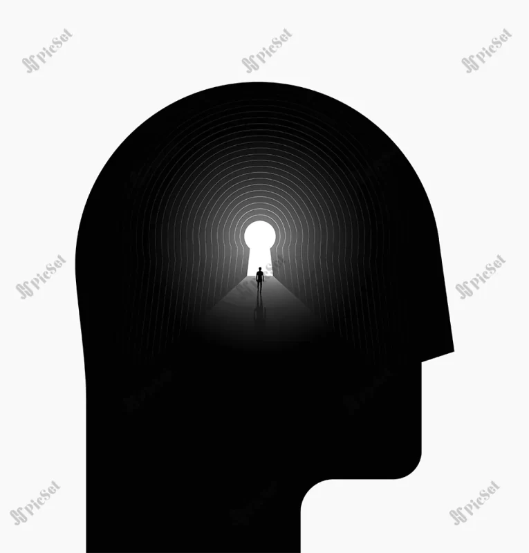 inner world inner space psychologic concept with black human head / دنیای درونی مفهوم روانشناسی کلید ورود به ذهن انسان