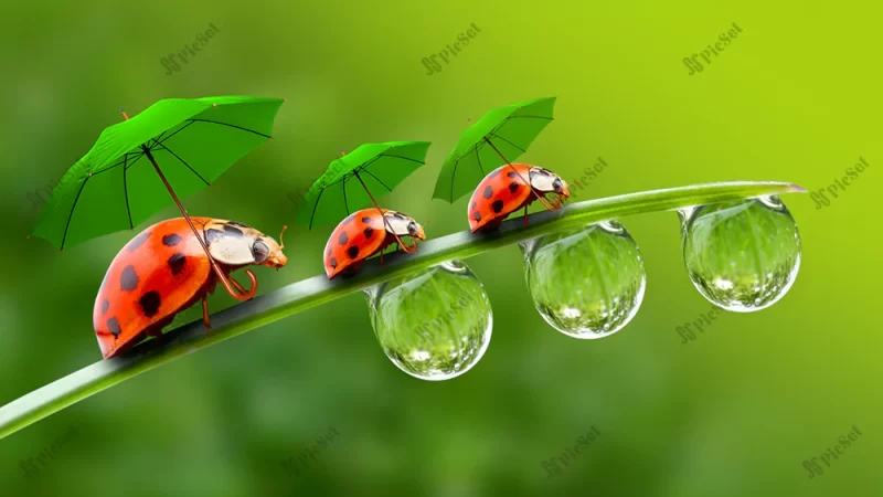 ladybug, green, water drops, umbrella, creative / کفشدوزک، سبز، قطره آب، چتر، خلاق