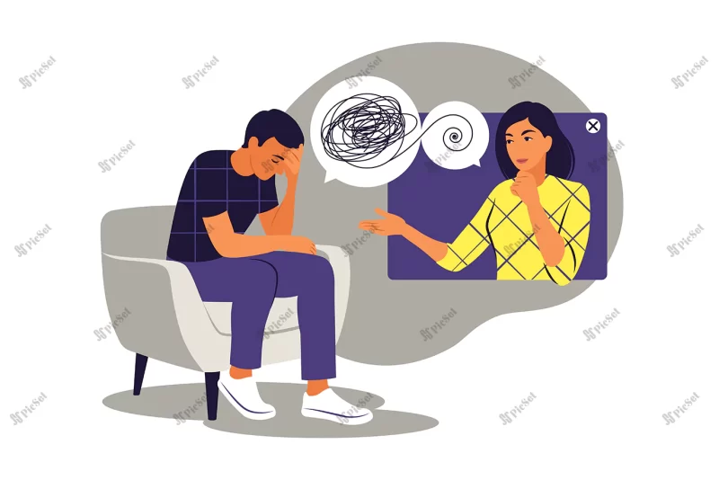 psychological counseling concept psychological assistance service vector illustration flat_186332 1279 / روانشناسی آنلاین جلسه مشاوره آنلاین روان درمانی