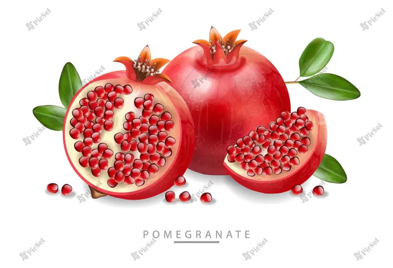 red pomegranate realistic fresh fruit isolated white background / پس زمینه سفید میوه تازه انار قرمز