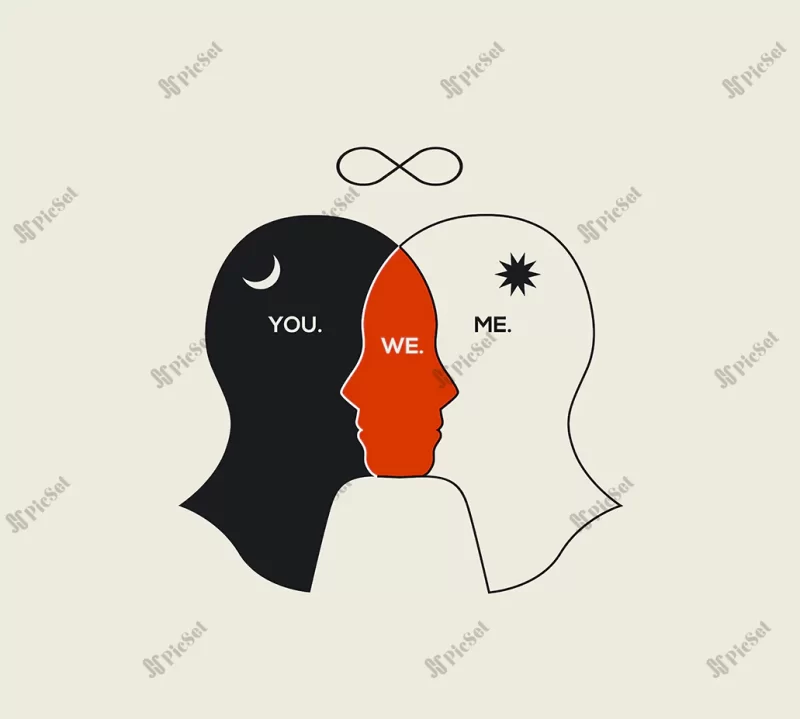 relationships psychology concept abstract illustration with couple human heads silhouettes / روانشناسی روابط با افکار سر زن و شوهر