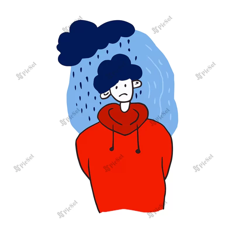 sad young man with cloud trendy doodle vector illustration / مرد جوان غمگین با بارش افکار منفی در ذهن و سر خود