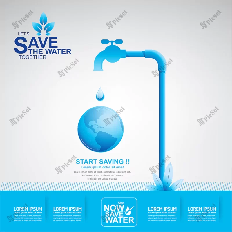 save water vector concept start water saving / صرفه جویی در آب شروع ذخیره قطره آب