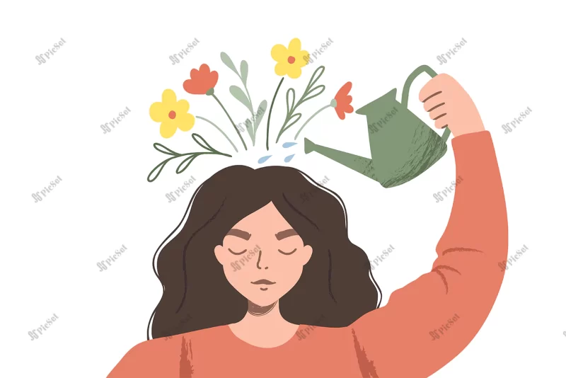 thinking positive as mindset woman watering plants that symbolize happy thoughts flat illustration / مثبت اندیشی به عنوان طرز فکر زنی که به گیاهانی آبیاری می کند که نماد افکار شاد ذهن مثبت