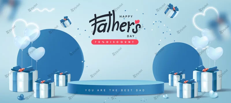 father s day card with product display cylindrical shape gift box dad blue background / بنر روز پدر با نمایش محصول جعبه هدیه استوانه ای پس زمینه آبی