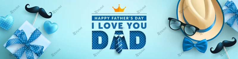 fathers day with hat necktie gift box blue background greetings presents fathers day / روز پدر با جعبه کادو کراوات کلاه تبریک روز مرد پس زمینه آبی هدیه روز پدر