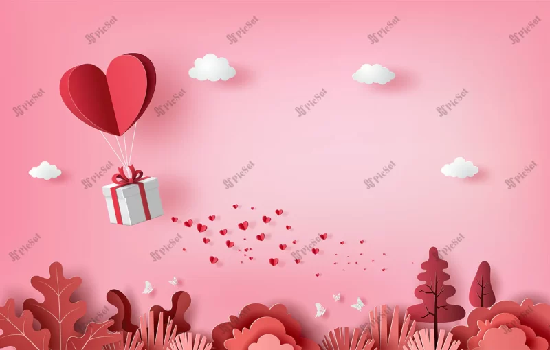 gift box with heart balloon floating it sky happy valentines day banners paper art style / جعبه هدیه با بادکنک قلبی شناور در آسمان بنر روز ولنتاین به سبک کاغذی