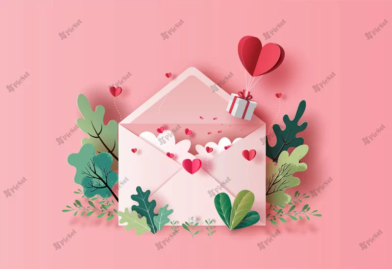 gift box with heart balloon floating with love letter paper illustration / جعبه هدیه با بادکنک قلبی، نامه عشق روز ولنتاین