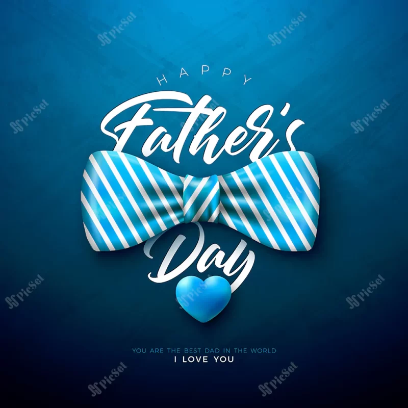 happy fathers day greeting card design with striped bow tie blue heart dark blue background / طرح کارت پستال تبریک روز پدر با پاپیون راه راه قلب آبی تیره پس زمینه