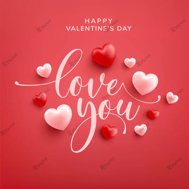 happy valentine greeting card with love word hand drawn lettering calligraphy with red pink heart red / پوستر ولنتاین مبارک با خوشنویسی خطی با کلمه عاشقانه با قلب صورتی قرمز