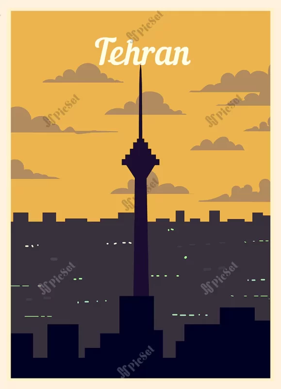 retro poster tehran city skyline / پوستر خط افق شهر تهران