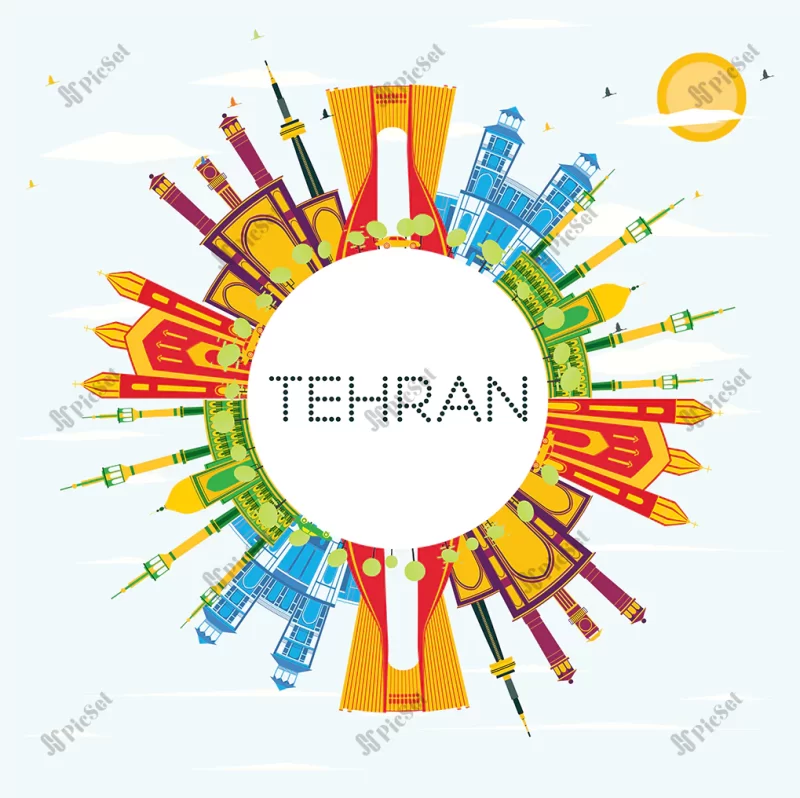 tehran skyline with color landmarks blue sky copy space vector illustration business travel tourism concept with historic buildings tehran cityscape with landmarks / خط افق تهران با نشانه های رنگی آسمان آبی تصویر سفر تجاری مفهوم گردشگری با ساختمان های تاریخی منظره شهری تهران با مکان های دیدنی